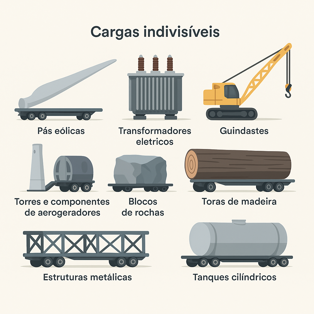 lustração mostrando exemplos de cargas indivisíveis como pás eólicas, transformadores, guindastes, toras de madeira, blocos de rocha, estruturas metálicas e tanques cilíndricos