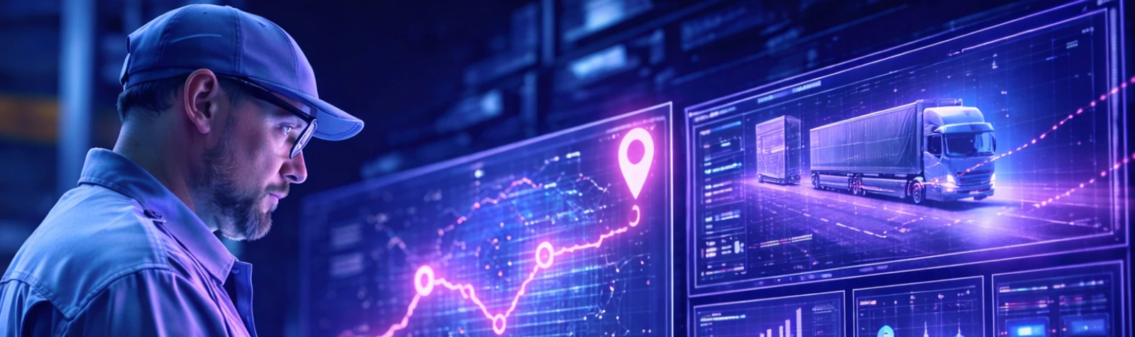 Logística com tecnologia: operador monitora transporte de carga em tempo real com dados digitais, rotas e indicadores em interface futurista azul e rosa.
