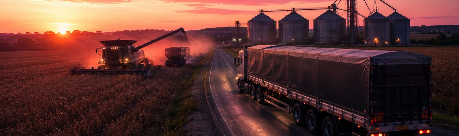 Caminhão transportando grãos em rodovia rural durante o pôr do sol, com colheitadeira e silos ao fundo, representando o escoamento da safra no agronegócio brasileiro.