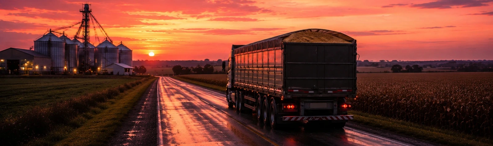 Caminhão graneleiro transportando grãos em rodovia rural ao pôr do sol, com silos e lavoura ao fundo, representando a logística e a segurança no agronegócio.